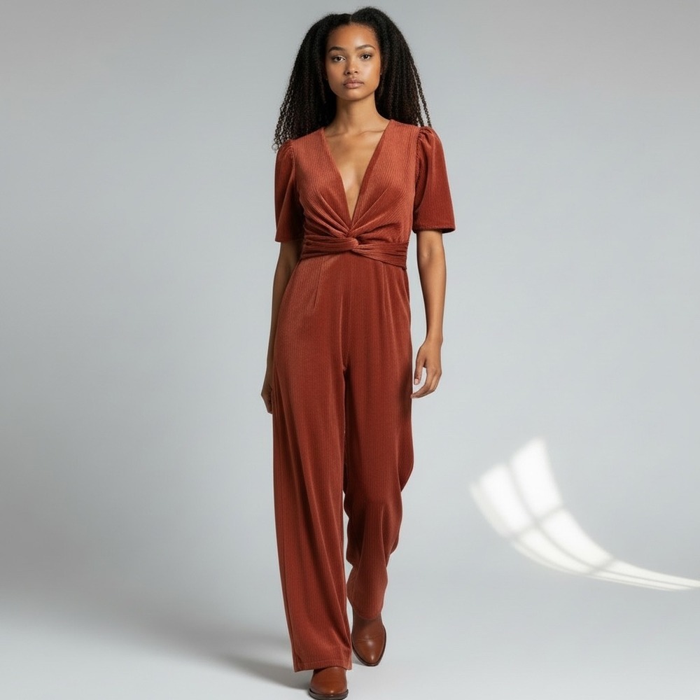 ASOS Design 70s Inspired Corduroy Wide Leg Jumpsuit 8 Rust Plunge Knot Front